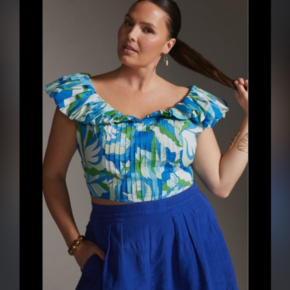 Maeve Tops - NWT ANTHROPOLOGIE MAEVE PUFF SLEEVE CROP RUFFLE BLOUSE TOP BLUE FLORAL 2X PLUS